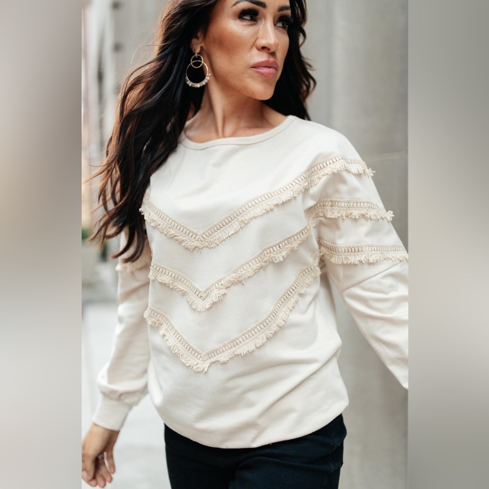 Fringe Detail Long Sleeve Top, Small, And The Why, NWT
